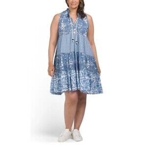 Chelsea & Theodore C & T Ruffle Neck Blue & White Tiered Dress sz LARGE Boho EUC